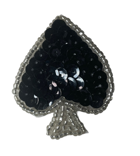 Spade Card Suit with Black Sequins and Silver Beads 2" x 1.5"