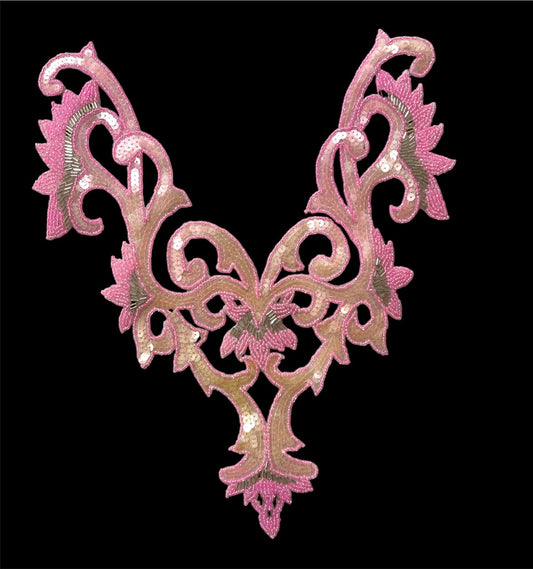 Designer Motif Neckline with Bright Pink Sequins and Beads 13" x 11"