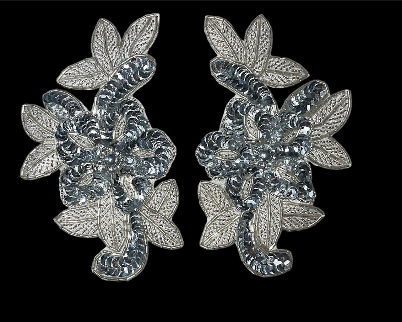 Flower Pair with Silver Sequins and Beaded Leafs 6" x 3.5"