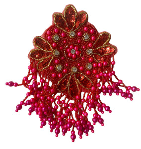Epaulet with Red and Gold Sequins and fuchsia Beads with Rhinestones 7.5" x 5"