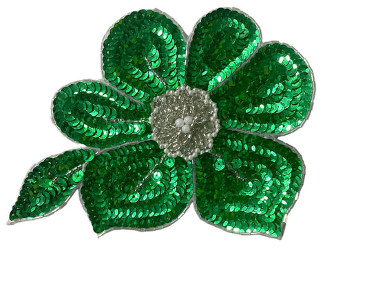 Flower with Green Sequins and Silver and White Beads and Pearls 7" x 6"