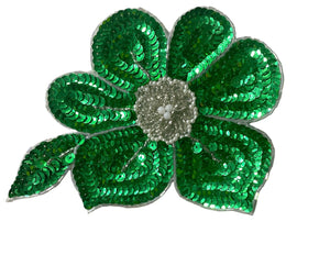 Flower with Green and Silver Sequins and Beads and Pearls 7" x 6"