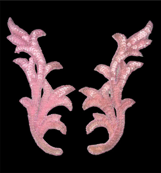 Leaf Pair with Bright Pink Sequins and Beads 7.5" X 3"