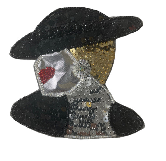 Lady Facing Left with Rhinestone Earring - Black, Gold, and Silver Sequins and with Silver, Black and Red Beads 4" x 4.5"
