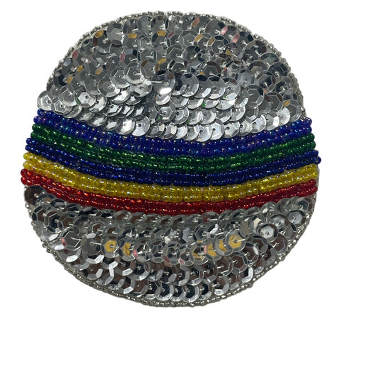 Beach Ball Appliqué with Silver Sequins and Rainbow Beads 3.5" x 3.5"