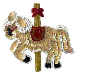 Horse Carousel with Beige and Red Sequins and Beads 4" x 4.5"