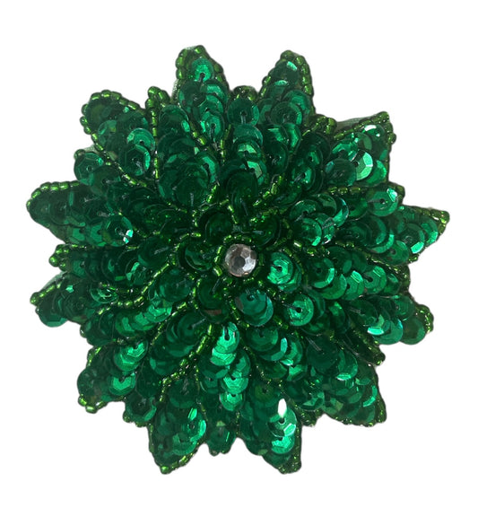 Flower with Green Sequins and Beads and a Rhinestone Center 3" x 3"