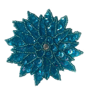 Flower with Turquoise Sequins and Beads and Rhinestone 3" x 3"