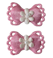 Load image into Gallery viewer, Bow Pair Pink Satin with Flower 1 3/8&quot; x 7/8&quot;