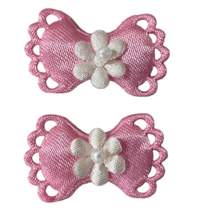 Bow Pair Pink Satin with Flower 1 3/8" x 7/8"