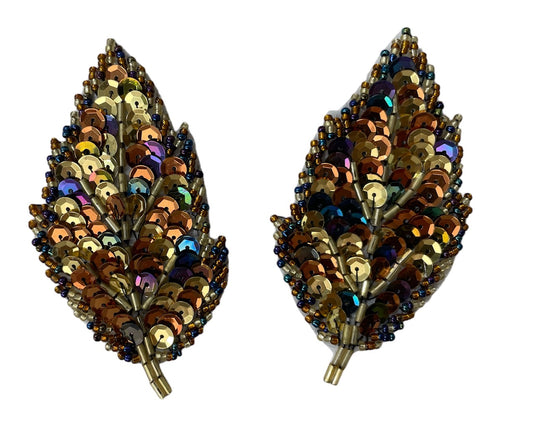 Leaf Pair with MultiColored Bronze Sequins and Beads 4" X 2"