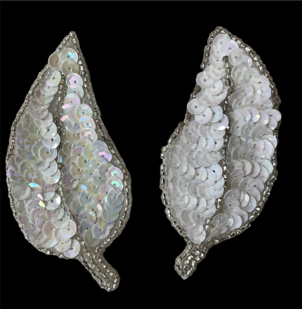 Leaf Pair with Iridescent White Sequins Silver Beads 3.5
