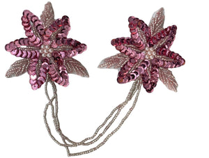 Flower Pair Attached by Beads Pink Sequins 3"