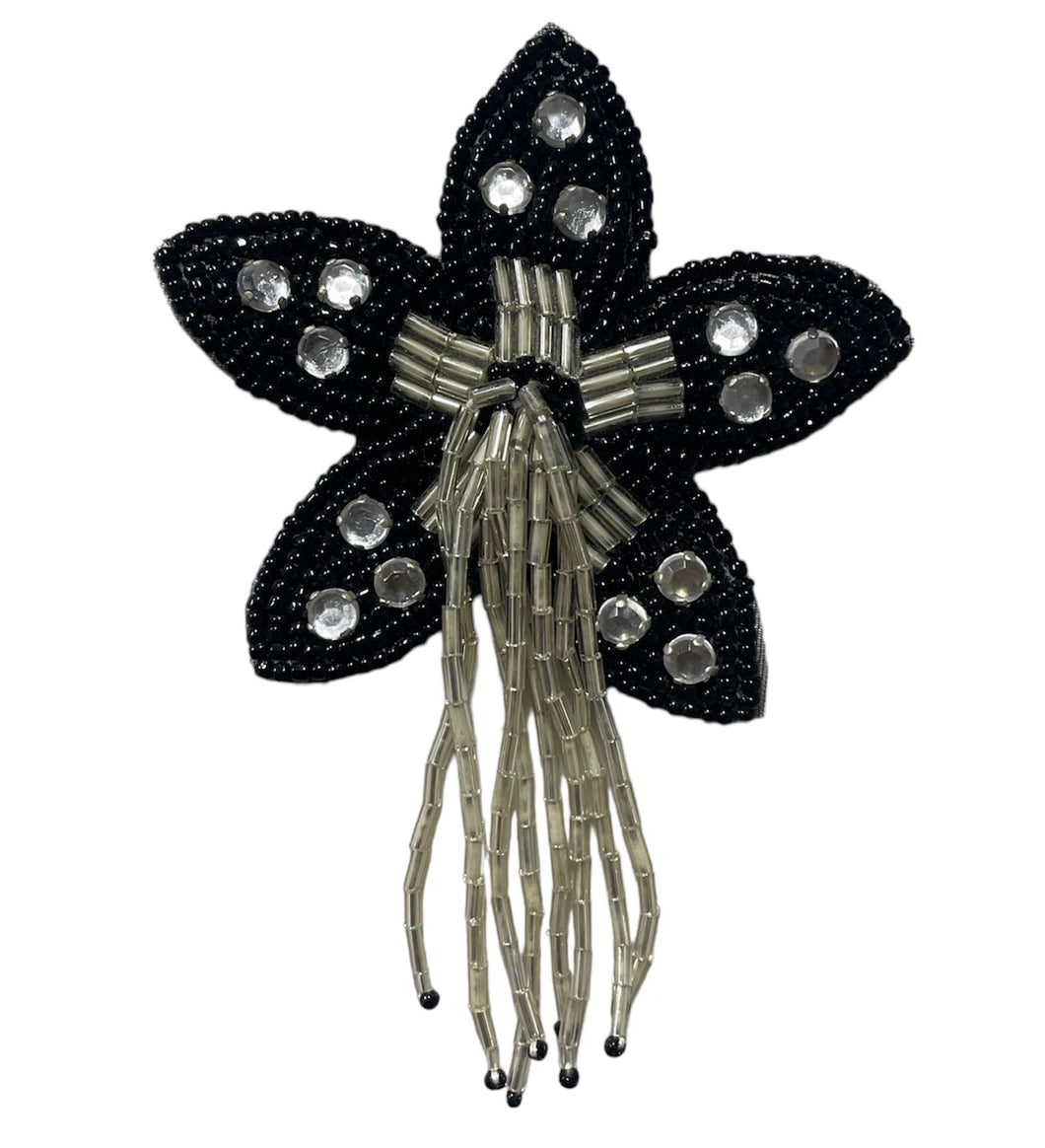 Flower Epaulet Black and Clear Beaded with Rhinestones 4.5