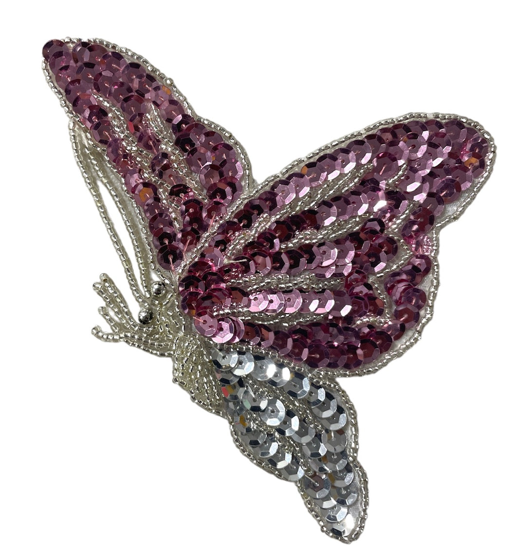 Butterfly with Pink and Silver Sequins and Beads 5.5
