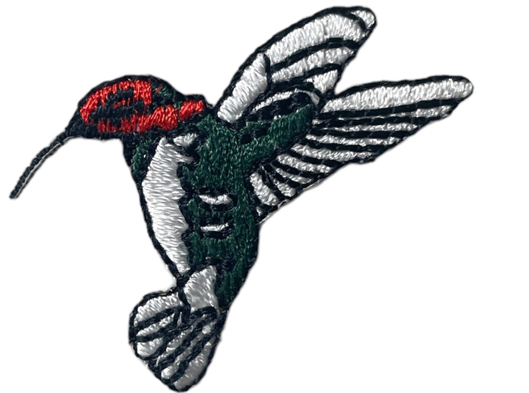 Hummingbird Red Face with Green and Silver body, Embroidered Iron-On 1.5 x 1