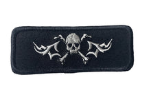 Load image into Gallery viewer, Skull and Bones Patch with Black and Metallic Silver Iron-On 1.5&quot; x 4&quot;