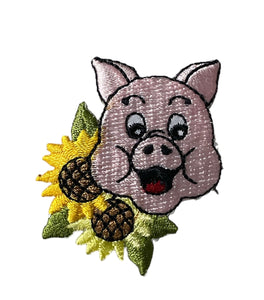 Pig Smiling with Sunflowers Embroidered Iron-on 2" x 1.5"