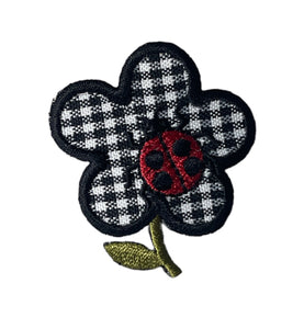 Flower Black and White Checkered with Ladybug Embroidered Iron-on 2" x 1.5"