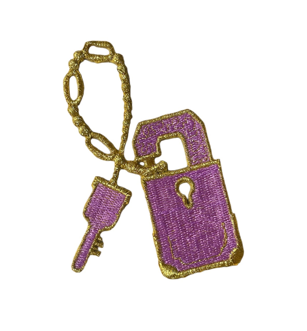 Lock and Key with Metallic Gold and Pink Embroidered Iron-On 4