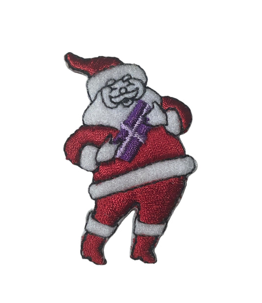 Santa With Blue Christmas Present Embroidered, 2" x 1.5"