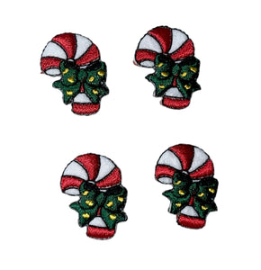 Christmas Candy Cane and Bow, Set of Four Embroidered Iron on, 1" x 3/4"