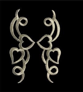 Designer Motif Heart Pair, Metallic Silver Embroidered Iron-on 5.25" x 1.5" (sized each)