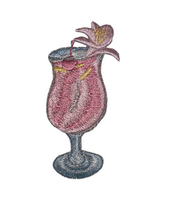 Drink Glass, Cocktail with Flower, Embroidered Iron-on 3" x1.5"