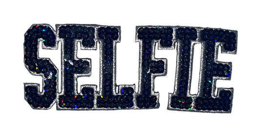 Selfie Word Black Sequins Silver Embroidered Trim Iron-on 2" x 5"