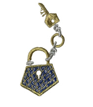 Load image into Gallery viewer, Lock and Key with Blue and Gold Metallic Thread Iron-On 4&quot; x 1.5&quot;