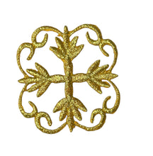 Load image into Gallery viewer, Designer Flower Motif, Gold Metallic Embroidered Iron-on 2&#39; x 2&quot;