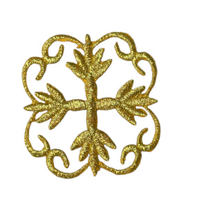 Designer Flower Motif, Gold Metallic Embroidered Iron-on 2' x 2"