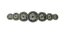 Load image into Gallery viewer, Designer Motif Black, Silver and Gold Metallic Circles, Embroidered Iron-On 4.5&quot; x 1&quot;