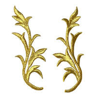 Load image into Gallery viewer, Designer Motif Pair, leaf, metallic Gold Embroidered Iron-On 5&quot; x 2&quot;