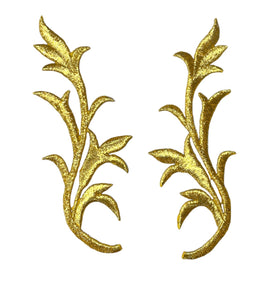 Designer Motif Pair, leaf, metallic Gold Embroidered Iron-On 5" x 2"