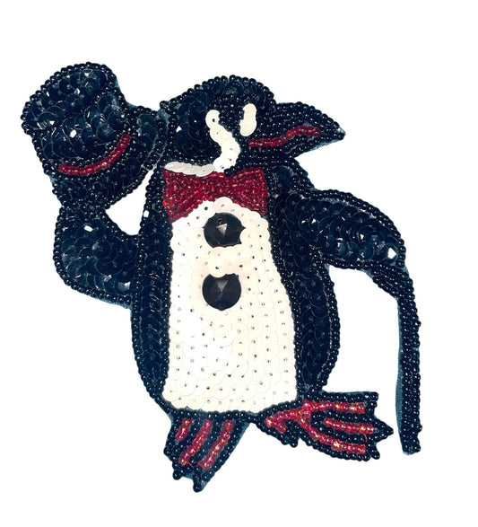 Penguin with Top Hat - Black and White Sequins with Black, White and Red Beads 4.75" x 3.75"