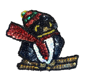 Penguin Skiing 3" x 3" Sequin and Beaded