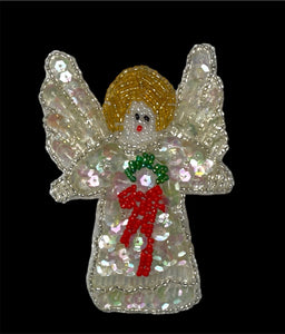 Angel with Iridescent Sequins, Silver, Gold, Red and Green Beads 4" X 2.75"