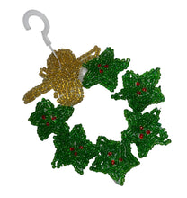 Load image into Gallery viewer, Wreath with Green Stars and Gold Bow all Beaded 3.5&quot;