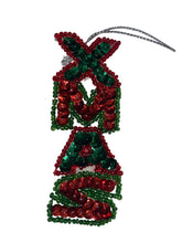 Load image into Gallery viewer, Xmas Word Ornament Green and Red Sequins and Beads on Felt 3.25&quot; x 1.25&quot;