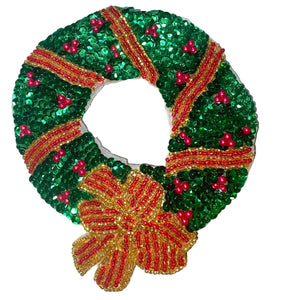 Wreath Medium Size Red Gold Green Sequins and Beads 7.5" x 6.75"