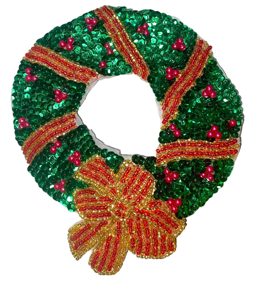 Wreath Medium Size Red Gold Green Sequins and Beads 7.5
