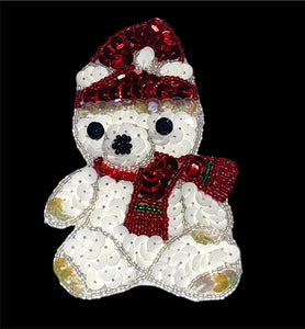 Winter Teddy Bear White and Red Sequins 5" x 3"