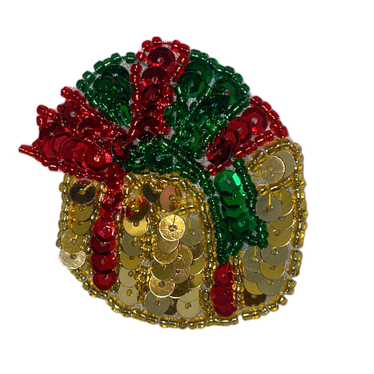 Christmas Present With Gold, Red and Green Sequins and Beads, 2" x 2"