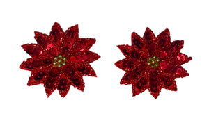 Poinsetta Flower Pair with Red Sequins Gold Beads 2" x 2"