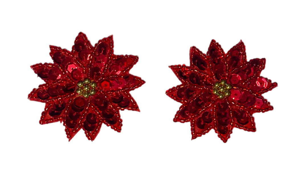 Poinsetta Flower Pair with Red Sequins Gold Beads 2
