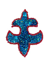 Load image into Gallery viewer, Fleur de lis Turquoise sequins with red beads 2.5&quot; x 1&quot;