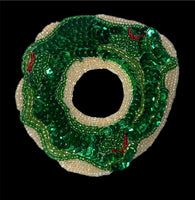 Festive Christmas Donut Applique Green Sequin Beaded 3.5