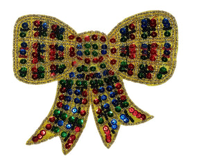 Multi-Color Plaid Bow Sequins and Beads 5" x 4.5"