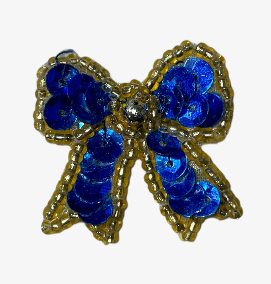 Bow with Royal Blue Sequins and Gold Beads 1.5" x 1.5"
